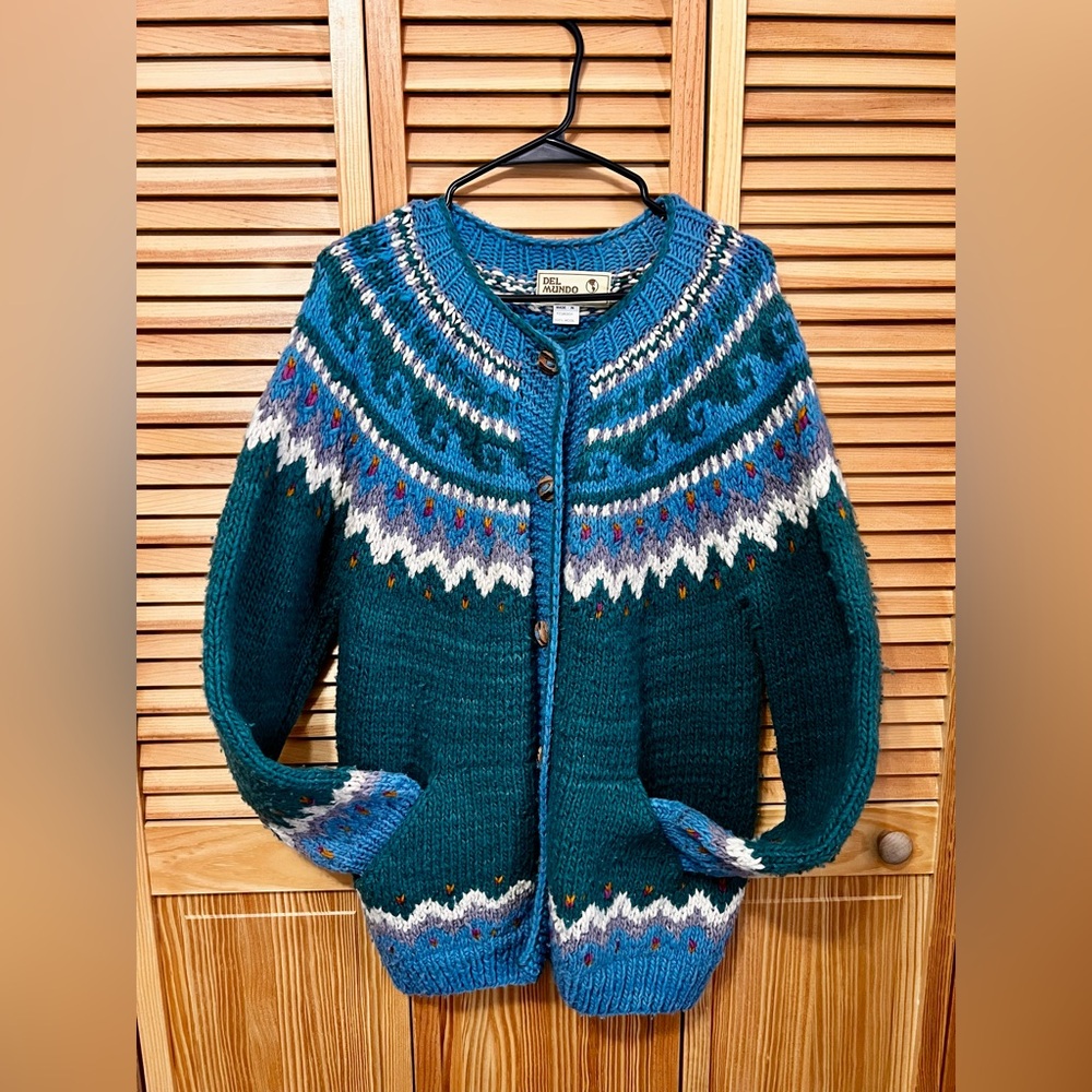 Del Mundo Blue and Teal Patterned Cardigan